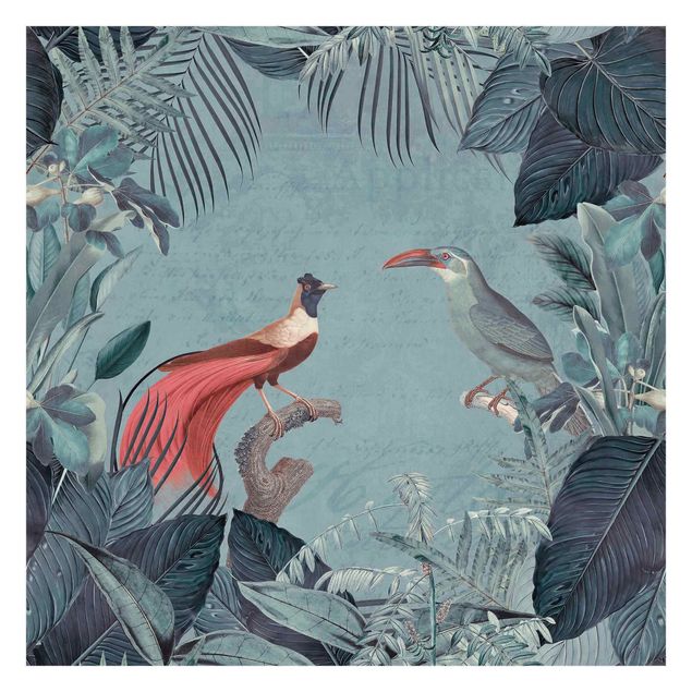 blue wall mural Blue Gray Paradise With Tropical Birds