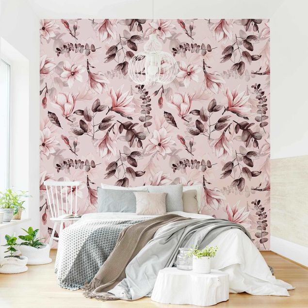 Floral wallpaper Blossoms With Gray Leaves In Front Of Pink