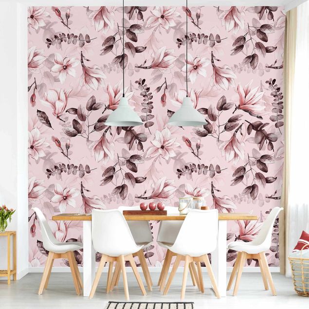 Contemporary wallpaper Blossoms With Gray Leaves In Front Of Pink