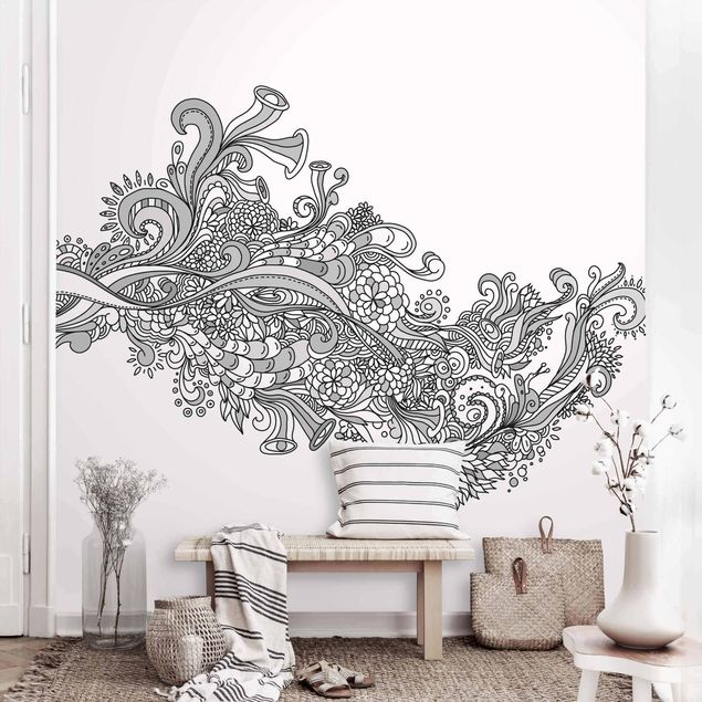 Kitchen Floral Wave Black And White