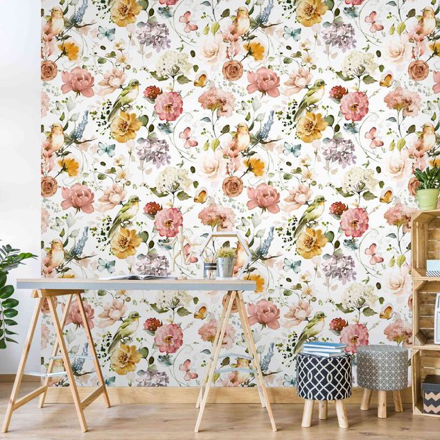 Aesthetic butterfly wallpaper Flowers and Birds Watercolour Pattern