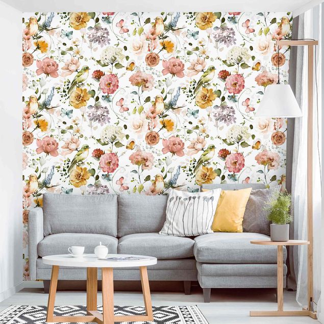 Red rose wallpaper Flowers and Birds Watercolour Pattern
