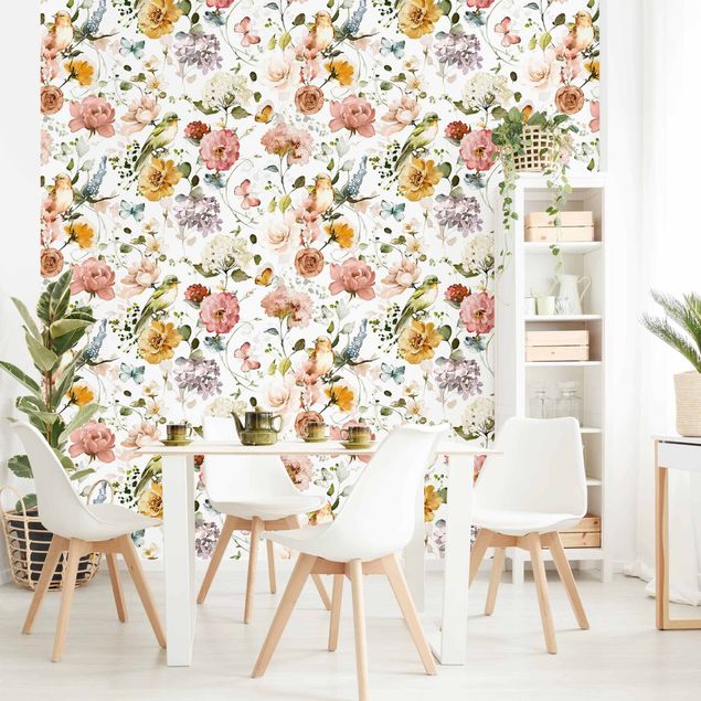 Floral wallpaper Flowers and Birds Watercolour Pattern