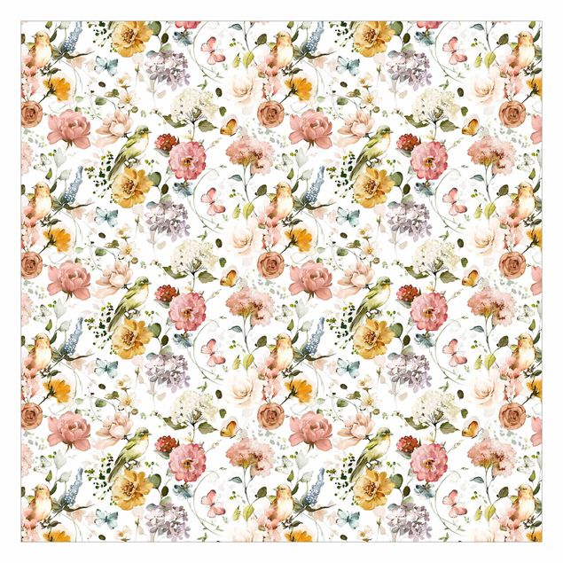 Contemporary wallpaper Flowers and Birds Watercolour Pattern
