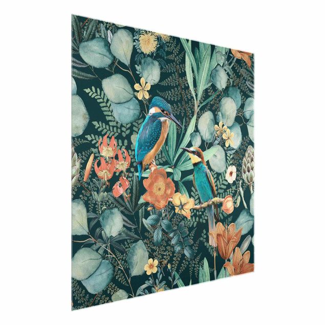 Prints floral Floral Paradise Kingfisher And Hummingbird