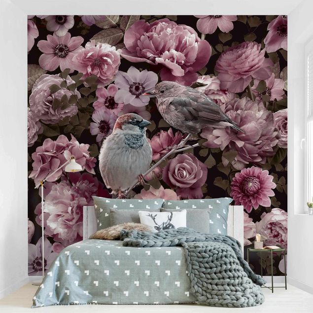 Rose flower wallpaper Floral Paradise Sparrow In Antique Pink