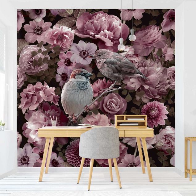 Wallpapers birds Floral Paradise Sparrow In Antique Pink