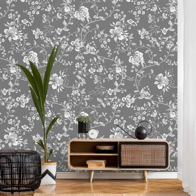 Floral wallpaper Flower Tendrils On Gray