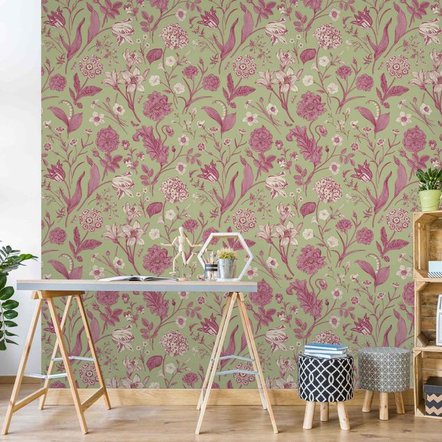 Retro wallpaper Flower Dance In Mint Green And Pink Pastel