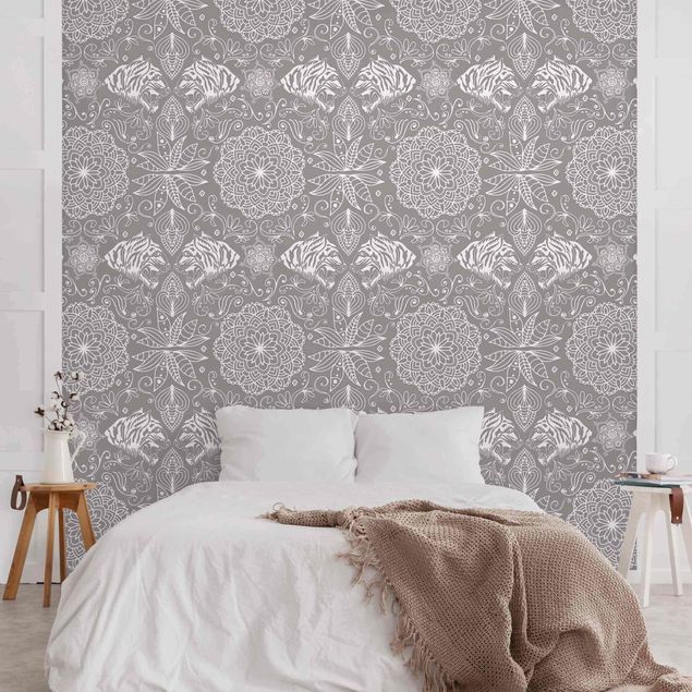Retro wallpaper Boho Tiger Pattern With Mandala In Warm Grey