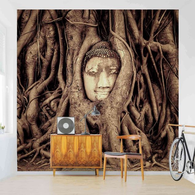 Wallpapers flower Buddha In Ayutthaya Lined From Tree Roots In Brown