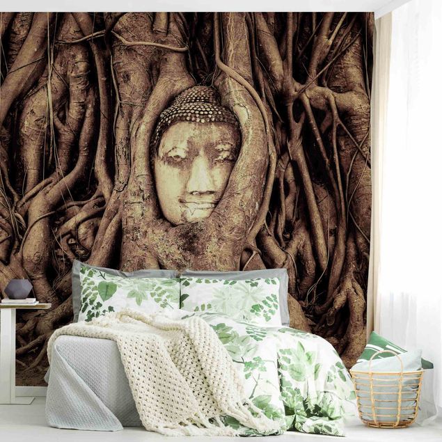 Aesthetic vintage wallpaper Buddha In Ayutthaya Lined From Tree Roots In Brown