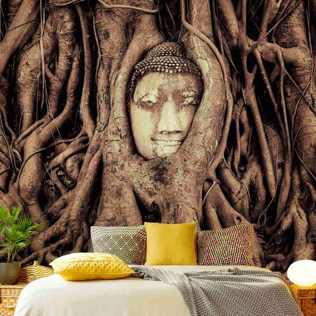 Modern wallpaper designs Buddha In Ayutthaya Lined From Tree Roots In Brown