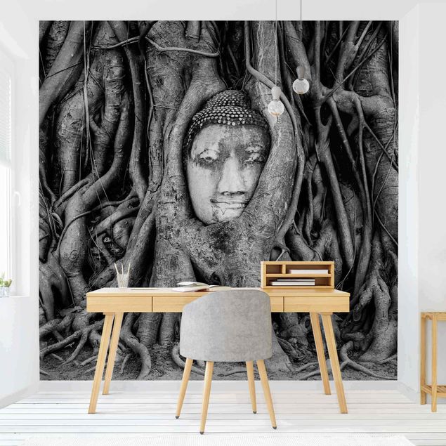 Black and white aesthetic wallpaper Buddha In Ayutthaya Lined From Tree Roots In Black And White