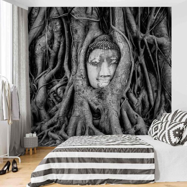 Wallpapers flower Buddha In Ayutthaya Lined From Tree Roots In Black And White