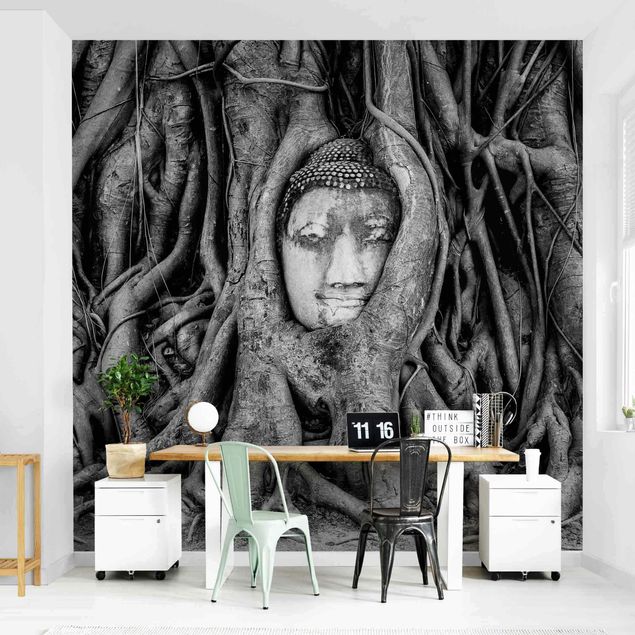 Modern wallpaper designs Buddha In Ayutthaya Lined From Tree Roots In Black And White