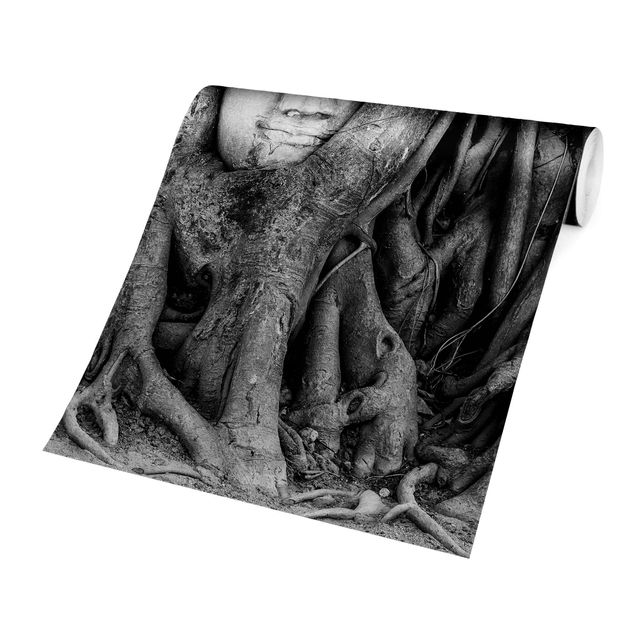 Adhesive wallpaper Buddha In Ayutthaya Lined From Tree Roots In Black And White