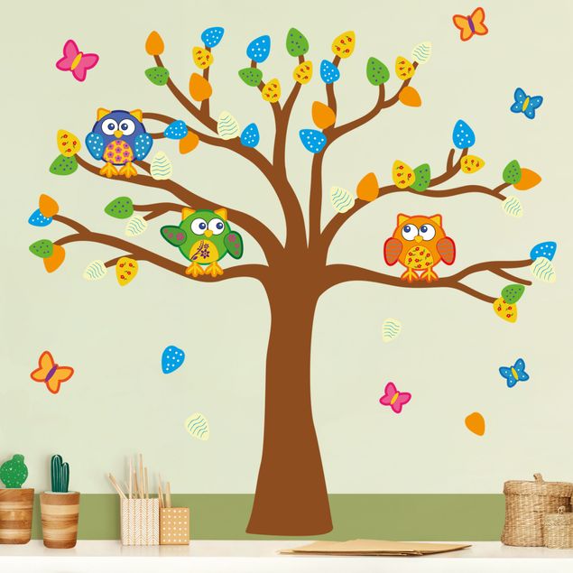 Woodland tree wall stickers Colorful owls