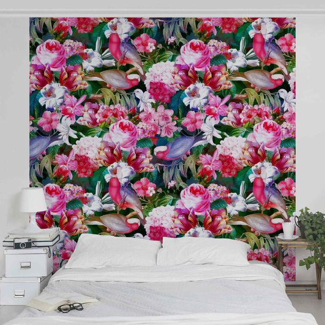 Wallpapers rose Colourful Tropical Flowers With Birds Pink