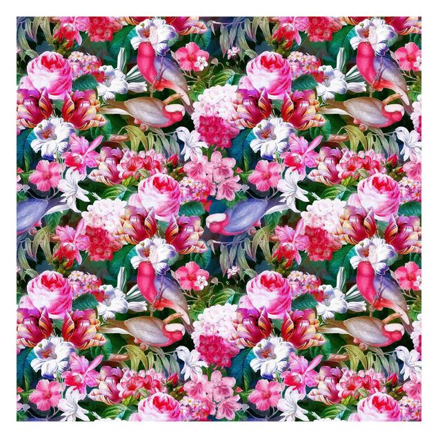 Wallpapers modern Colourful Tropical Flowers With Birds Pink