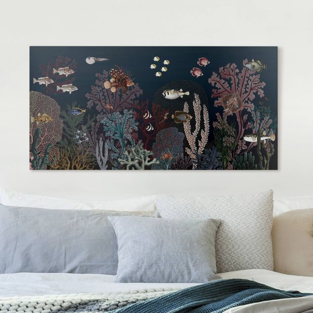 Canvas prints fishes Colourful coral reef at night