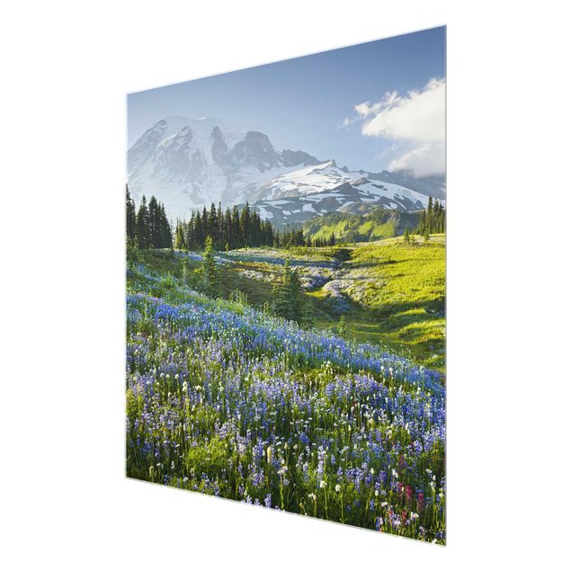 Glass prints flower Mountain Meadow With Red Flowers in Front of Mt. Rainier