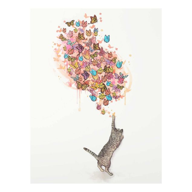 Glass prints pieces Illustration Cat With Colourful Butterflies Painting
