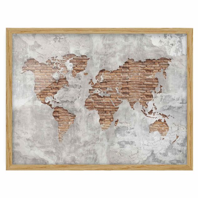 World map framed print Shabby Concrete Brick World Map