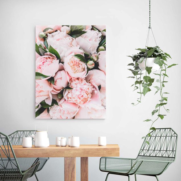 Glass prints rose Pink Peonies With Leaves