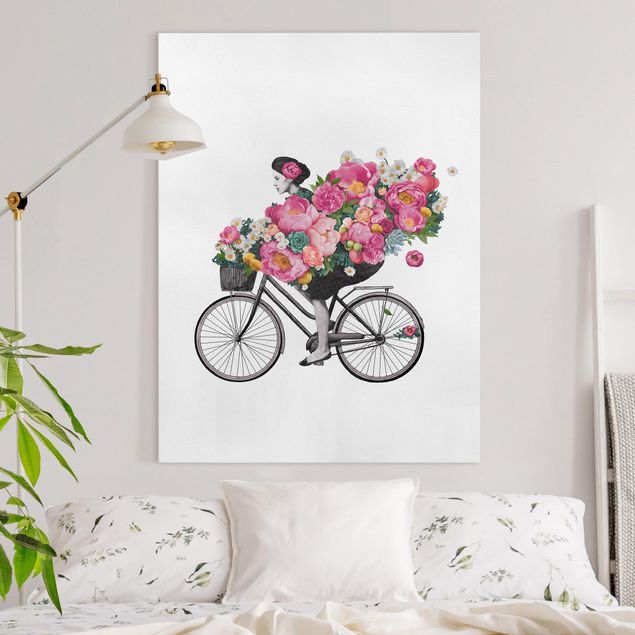 Prints Illustration Woman On Bicycle Collage Colourful Flowers