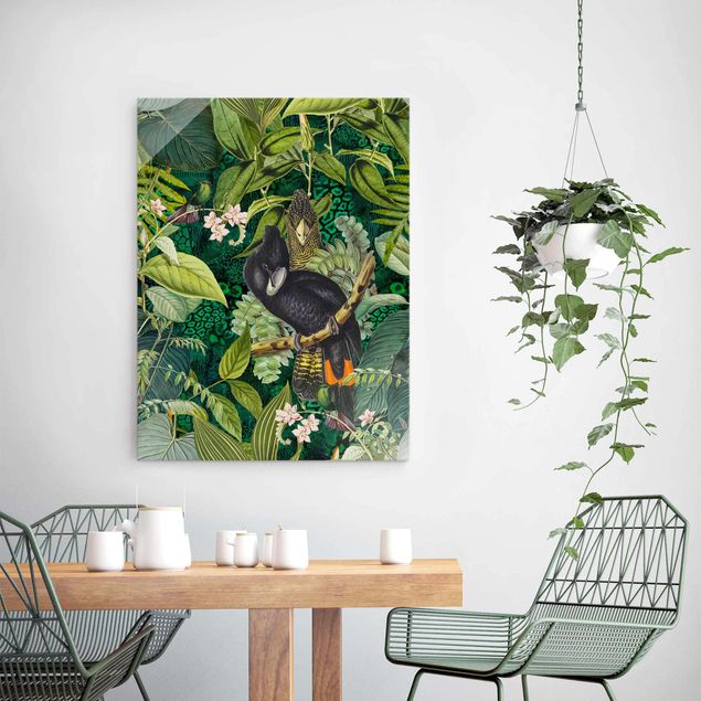 Glass prints flower Colourful Collage - Cockatoos In The Jungle