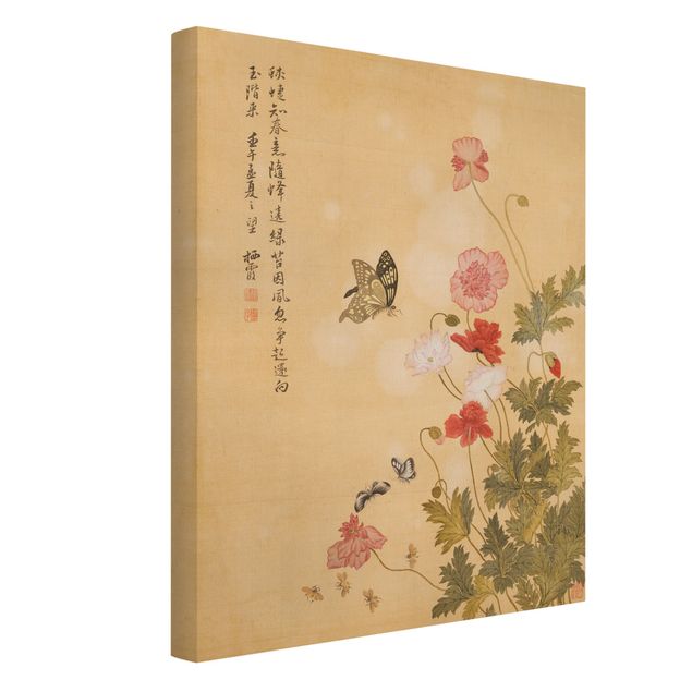 Prints poppy Yuanyu Ma - Poppy Flower And Butterfly