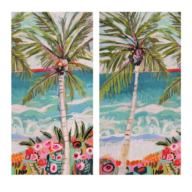 Nature art prints Palm Tree With Pink Flowers Set I
