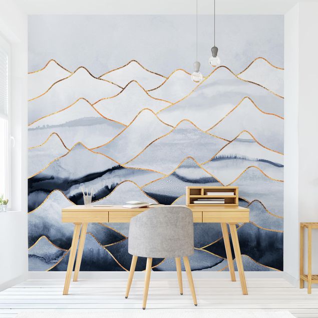 Contemporary wallpaper Watercolour Mountains White Gold