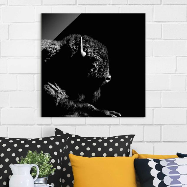 Glass prints black and white Bison In The Dark