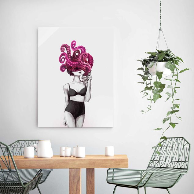 Kitchen Illustration Woman In Underwear Black And White Octopus