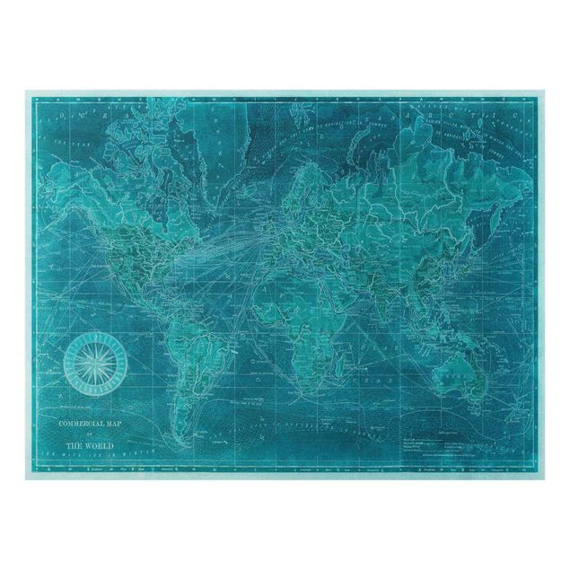 Glass prints maps Vintage World Map Azure