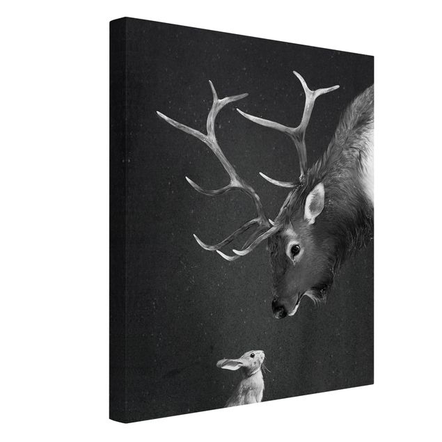 Deer canvas Illustration Deer And Rabbit Black And White Drawing