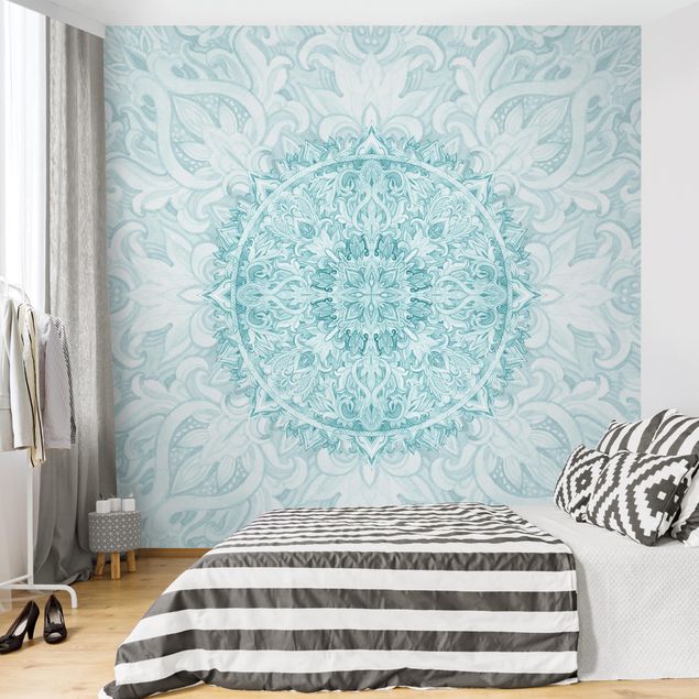Wallpapers modern Mandala Watercolour Ornament Turquoise