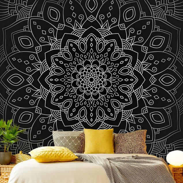 Contemporary wallpaper Mandala Flower Pattern Silver Black