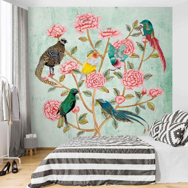 Rose flower wallpaper Chinoiserie Collage In Mint II