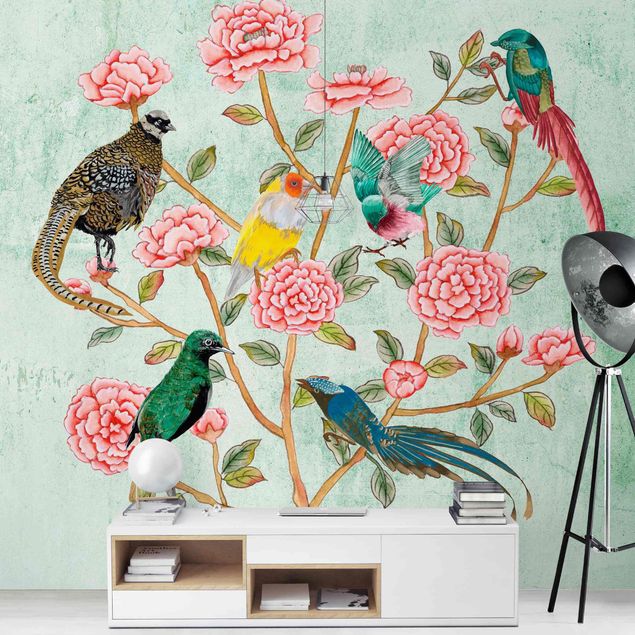 Wallpapers birds Chinoiserie Collage In Mint II