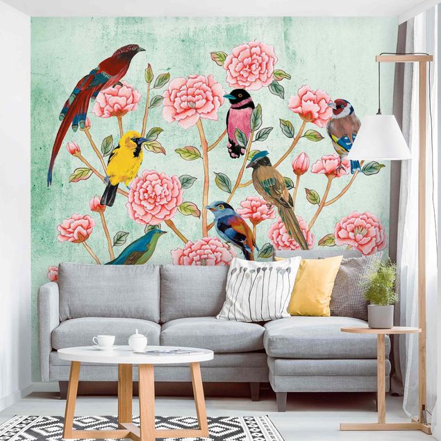 Wallpapers birds Chinoiserie Collage In Mint