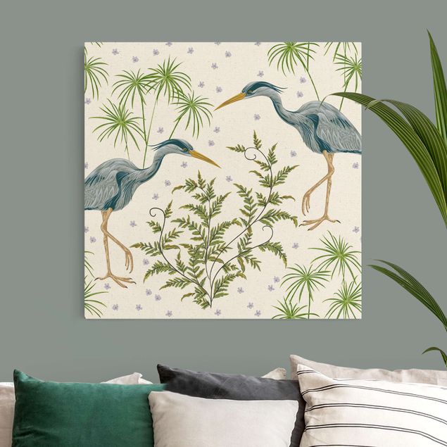 Bird canvas wall art Chinoiserie Grey Heron Between Grasses,