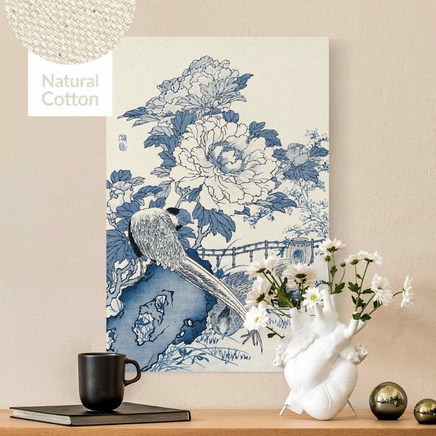 Rose canvas Cyanotype Golden Pheasant And Peonies