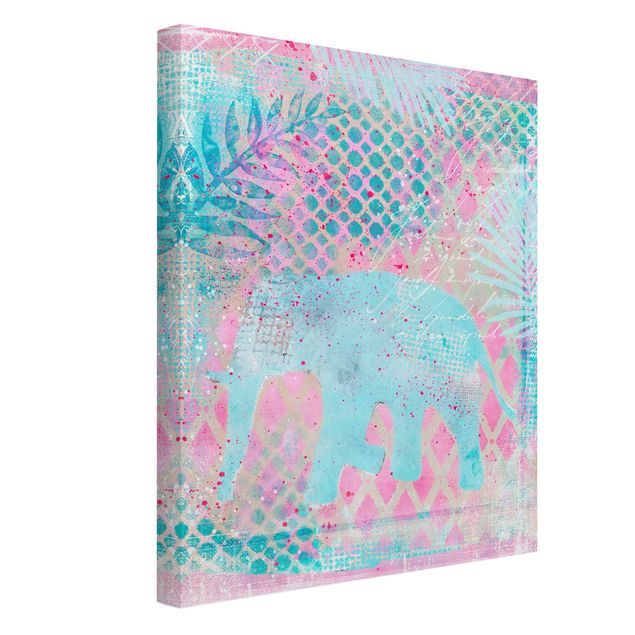 Prints elefant Colourful Collage - Elephant In Blue And Pink