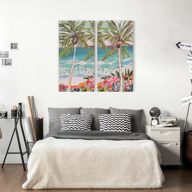 Prints modern Palm Tree With Pink Flowers Set I