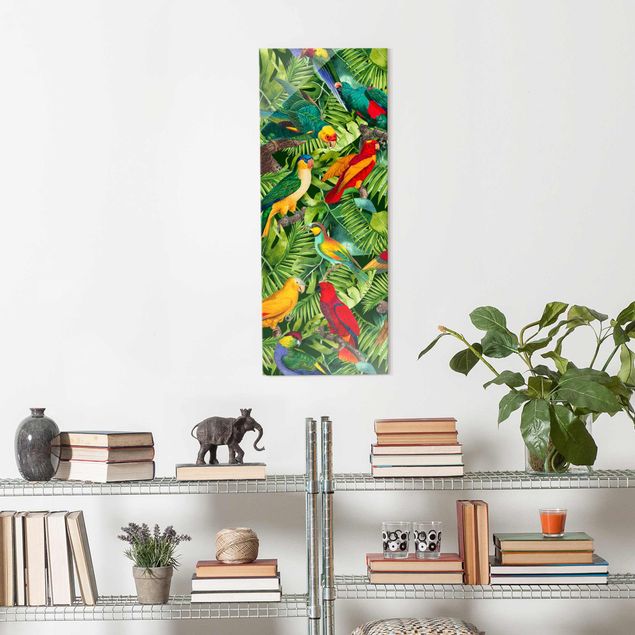 Glass prints flower Colourful Collage - Parrots In The Jungle