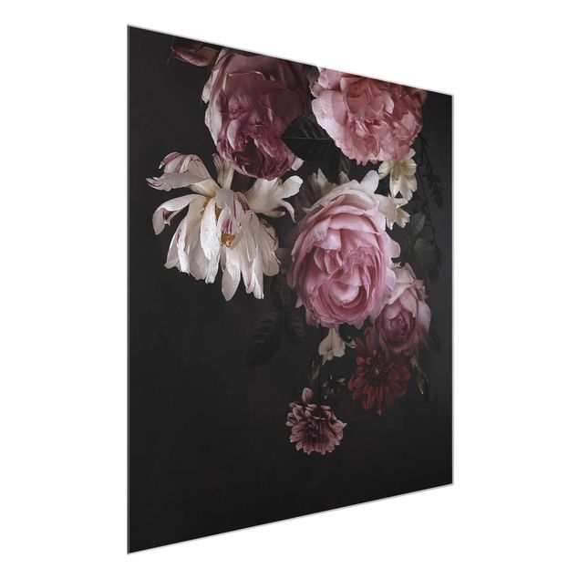 Glass prints flower Pink Flowers On Black