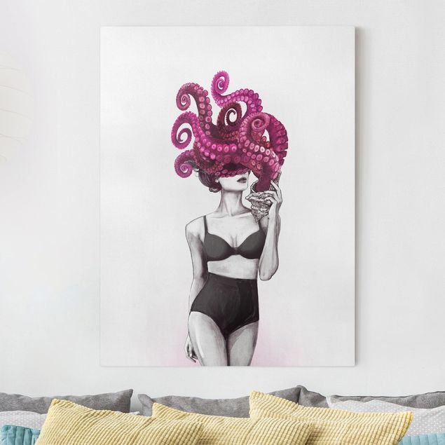 Laura Graves Art Illustration Woman In Underwear Black And White Octopus